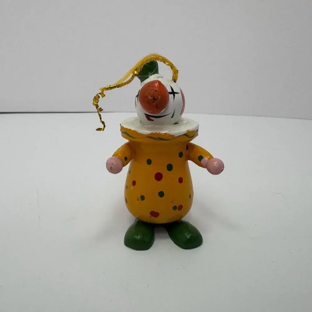 Vintage Hand Painted Yellow Smiling Clown Wooden Holiday Christmas Ornament